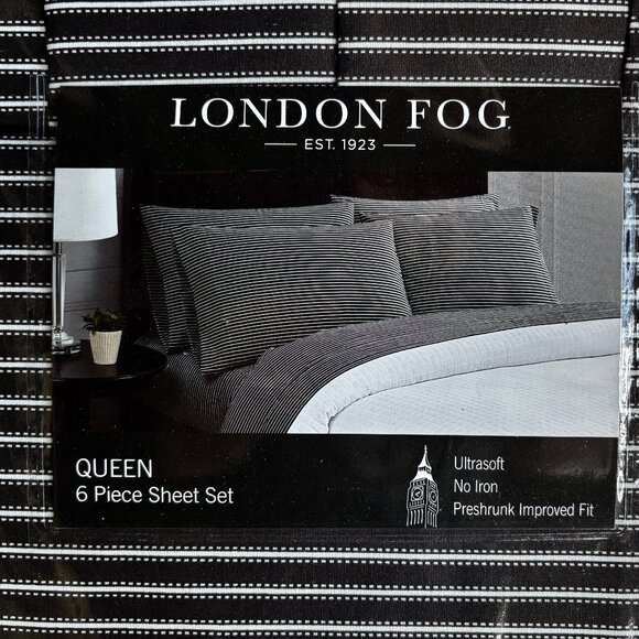 6-pc London Fog QUEEN SIZE Sheet Set BLACK w/WHITE PINSTRIPES (2 XTRA PC's) - Picture 1 of 4